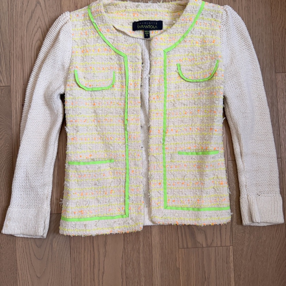 Charlotte Tarantola Cream Tweed Jacket with Neon Green Trim and Peach Flecks